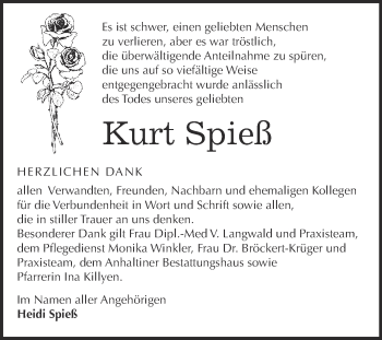 Traueranzeige von Kurt Spieß von WVG - Wochenspiegel Dessau / Köthen