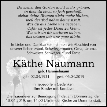 Traueranzeige von Käthe Naumann von Mitteldeutsche Zeitung Halle/Saalkreis