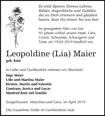 Traueranzeige von Leopoldine Maier von Mitteldeutsche Zeitung Sangerhausen