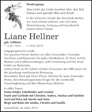 Traueranzeige von Liane Hellner von WVG - Wochenspiegel Wittenberg
