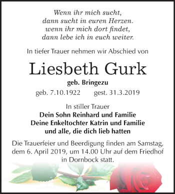 Traueranzeige von Liesbeth Gurk von Mitteldeutsche Zeitung Köthen
