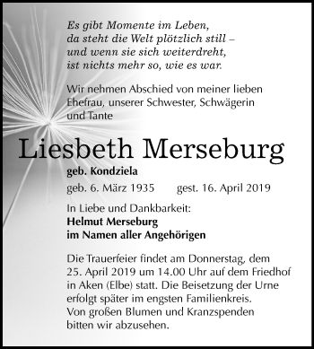 Traueranzeige von Liesbeth Merseburg von Mitteldeutsche Zeitung Köthen