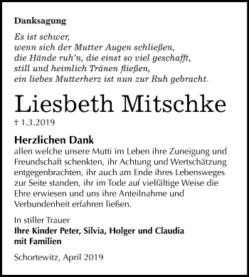 Traueranzeige von Liesbeth Mitschke von WVG - Wochenspiegel Dessau / Köthen