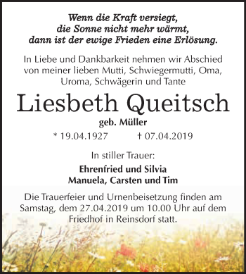 Traueranzeige von Liesbeth Queitsch von WVG - Wochenspiegel Dessau / Köthen