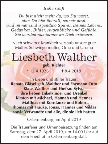 Traueranzeige von Liesbeth Walther von WVG - Wochenspiegel Dessau / Köthen
