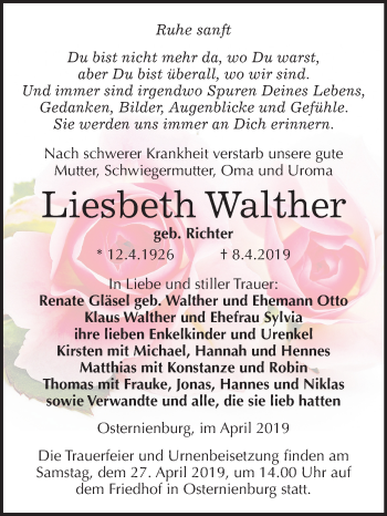 Traueranzeige von Liesbeth Walther von Mitteldeutsche Zeitung Köthen