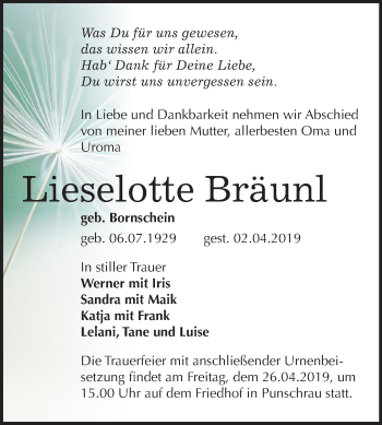 Traueranzeige von Lieselotte Bräunl von Mitteldeutsche Zeitung Naumburg/Nebra