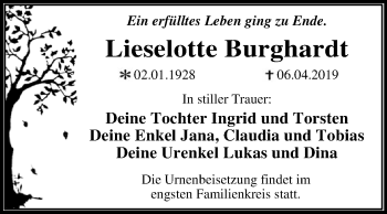 Traueranzeige von Lieselotte Burghardt von WVG - Wochenspiegel Dessau / Köthen