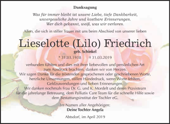 Traueranzeige von Lieselotte Friedrich von WVG - Wochenspiegel Wittenberg