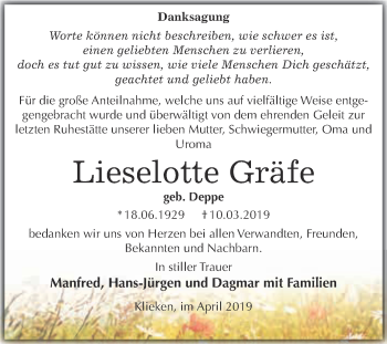 Traueranzeige von Lieselotte Gräfe von WVG - Wochenspiegel Dessau / Köthen
