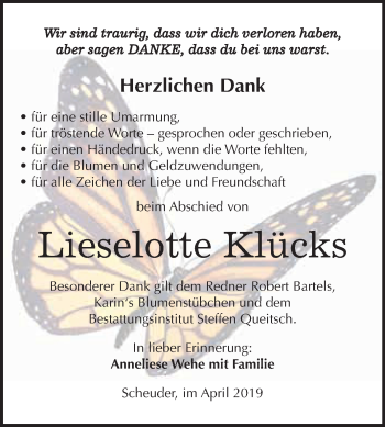 Traueranzeige von Lieselotte Klücks von WVG - Wochenspiegel Dessau / Köthen