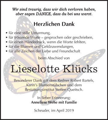 Traueranzeige von Lieselotte Klücks von Mitteldeutsche Zeitung