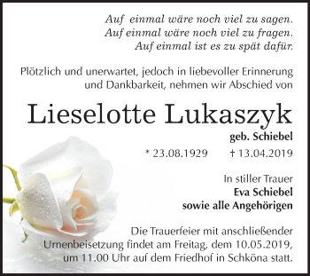 Traueranzeige von Lieselotte Lukaszyk von Mitteldeutsche Zeitung