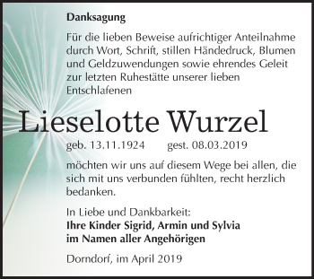Traueranzeige von Lieselotte Wurzel von Mitteldeutsche Zeitung