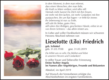 Traueranzeige von Lieselotte Lilo Friedrich von Mitteldeutsche Zeitung