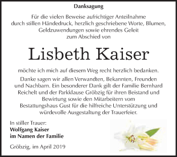 Traueranzeige von Lisbeth Kaiser von WVG - Wochenspiegel Dessau / Köthen