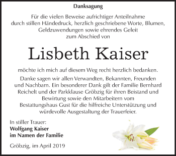 Traueranzeige von Lisbeth Kaiser von Mitteldeutsche Zeitung Köthen