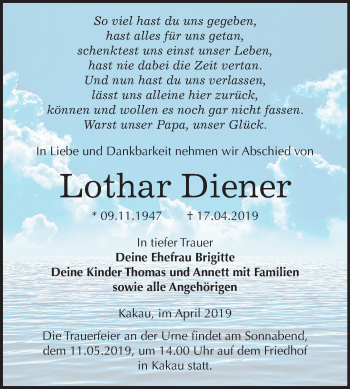 Traueranzeige von Lothar Diener von Mitteldeutsche Zeitung