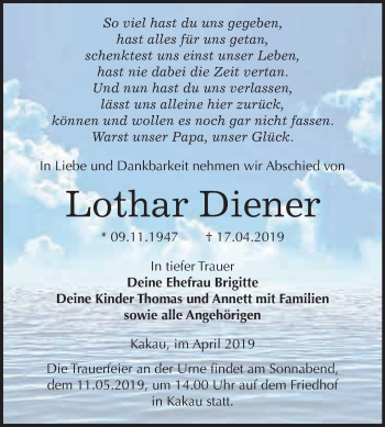 Traueranzeige von Lothar Diener von WVG - Wochenspiegel Wittenberg