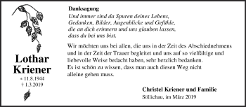 Traueranzeige von Lothar Kriener von Super Sonntag Wittenberg
