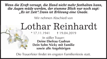 Traueranzeige von Lothar Reinhardt von WVG - Wochenspiegel Dessau / Köthen