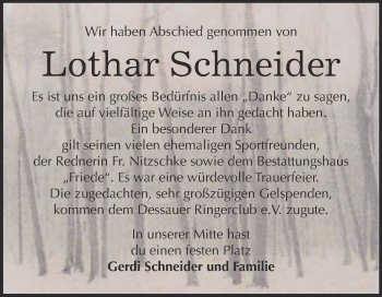 Traueranzeige von Lothar Schneider von WVG - Wochenspiegel Dessau / Köthen