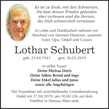 Traueranzeige von Lothar Schubert von WVG - Wochenspiegel Dessau / Köthen