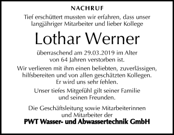 Traueranzeige von Lothar Werner von Super Sonntag Zeitz
