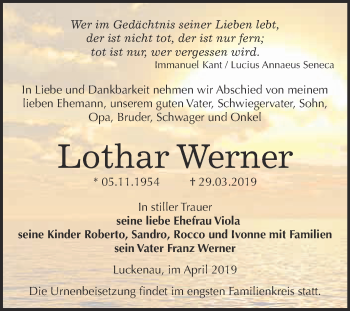 Traueranzeige von Lothar Werner von WVG - Wochenspiegel NMB / WSF / ZTZ