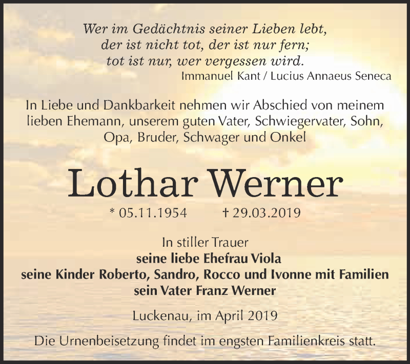  Traueranzeige für Lothar Werner vom 06.04.2019 aus WVG - Wochenspiegel NMB / WSF / ZTZ