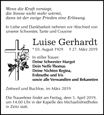 Traueranzeige von Luise Gerhardt von WVG - Wochenspiegel NMB / WSF / ZTZ