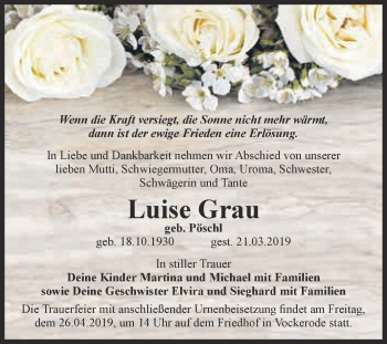 Traueranzeige von Luise Grau von Super Sonntag Wittenberg