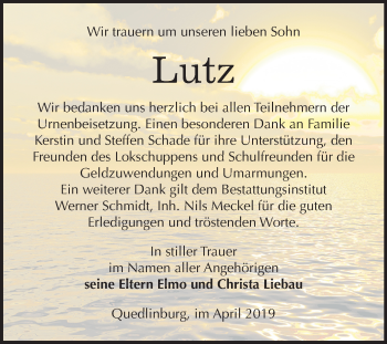 Traueranzeige von Lutz  von Mitteldeutsche Zeitung Quedlinburg