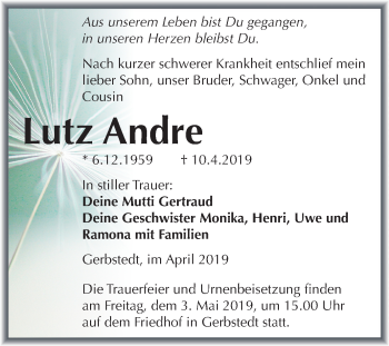 Traueranzeige von Lutz Andre von Mitteldeutsche Zeitung Mansfelder Land