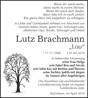 Traueranzeige von Lutz Brachmann von WVG - Wochenspiegel NMB / WSF / ZTZ