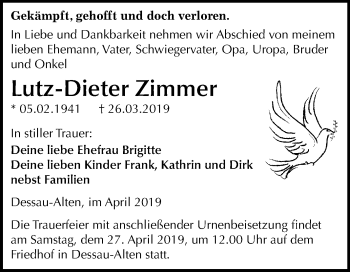 Traueranzeige von Lutz-Dieter Zimmer von Mitteldeutsche Zeitung Dessau-Roßlau