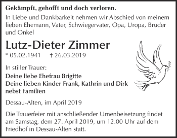 Traueranzeige von Lutz-Dieter Zimmer von WVG - Wochenspiegel Dessau / Köthen