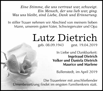 Traueranzeige von Lutz Dietrich von WVG - Wochenspiegel Quedlinburg
