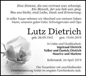 Traueranzeige von Lutz Dietrich von Mitteldeutsche Zeitung Quedlinburg