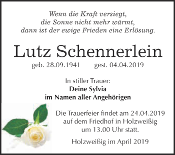 Traueranzeige von Lutz Schennerlein von WVG - Wochenspiegel Bitterfeld