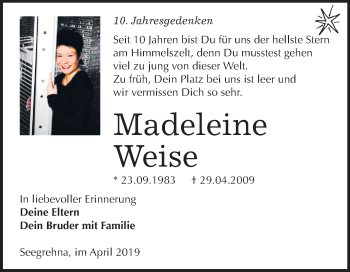Traueranzeige von Madeleine Weise von Mitteldeutsche Zeitung