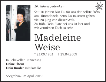 Traueranzeige von Madeleine Weise von Super Sonntag Wittenberg