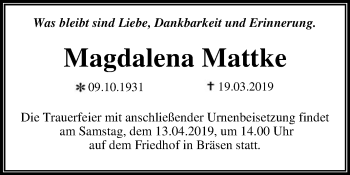 Traueranzeige von Magdalena Mattke von WVG - Wochenspiegel Dessau / Köthen
