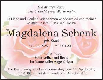 Traueranzeige von Magdalena Schenk von WVG - Wochenspiegel Wittenberg