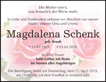 Traueranzeige von Magdalena Schenk von Mitteldeutsche Zeitung Wittenberg