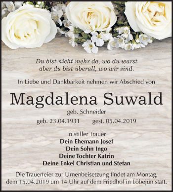 Traueranzeige von Magdalena Suwald von Mitteldeutsche Zeitung Halle/Saalkreis