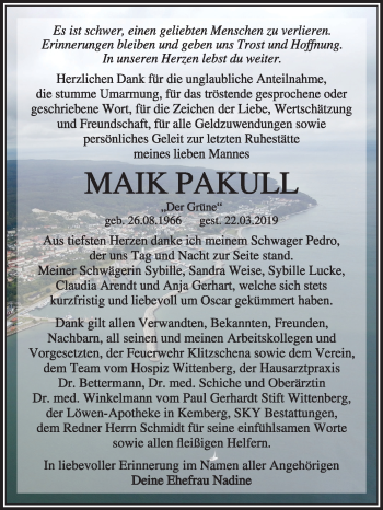 Traueranzeige von Maik Pakull von Mitteldeutsche Zeitung Wittenberg