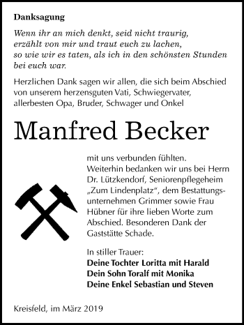 Traueranzeige von Manfred Becker von Wochenspiegel Mansfelder Land