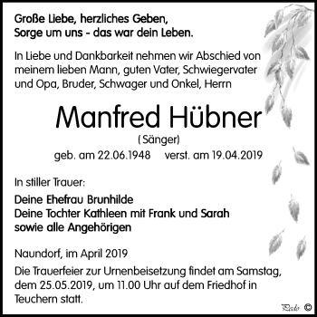 Traueranzeige von Manfred Hübner von Mitteldeutsche Zeitung