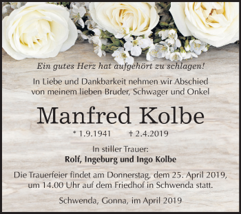 Traueranzeige von Manfred Kolbe von Mitteldeutsche Zeitung Sangerhausen